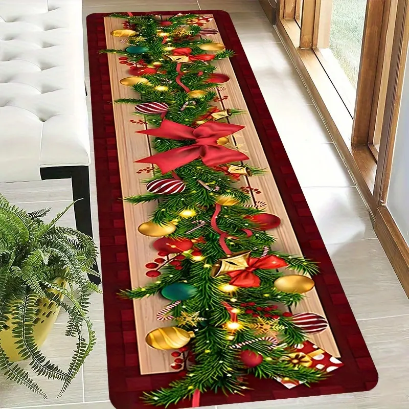 VIKAMA Christmas Garland Swag Runner Rug, Burgundy Flannel Hallway Carpet, Non Slip Washable Kitchen Mat with Bow and Candy Cane