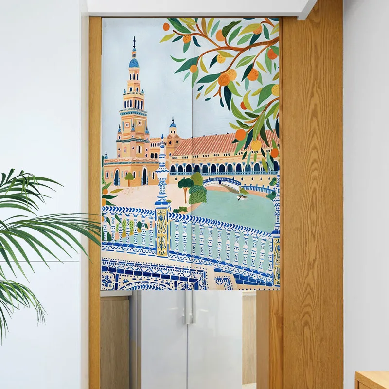 Nordic Ins Hand-painted Painting Door Curtain Bedroom Partition Linen Curtains Entrance Hanging Half-Curtain Without Punching