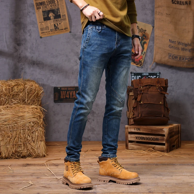 Autumn and winter men's retro trend slim fit elastic splicing motorcycle small leg jeans men jeans for men  skinny jeans men