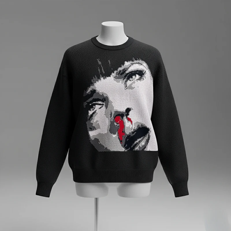 

Y2K Retro Sweater Pullover Autumn Women's Portrait Print Sweater New Korean Fashion Loose Warm Pullover Winter Women's Clothing