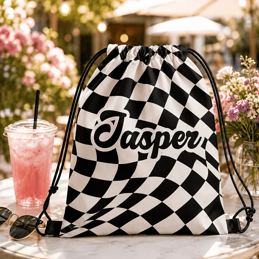 1Pc Custom Name/Text Black and White Checkered Drawstring Backpack, Lightweight Sports Bag, Gym Storage Bag, Outdoor Rucksack