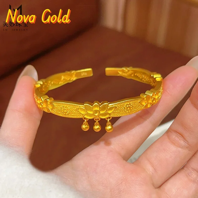 

NovaGlod New Chinese style 24K real gold engraved lotus bell bracelet 9999 solid lotus opening bracelet fashionable gift for gir