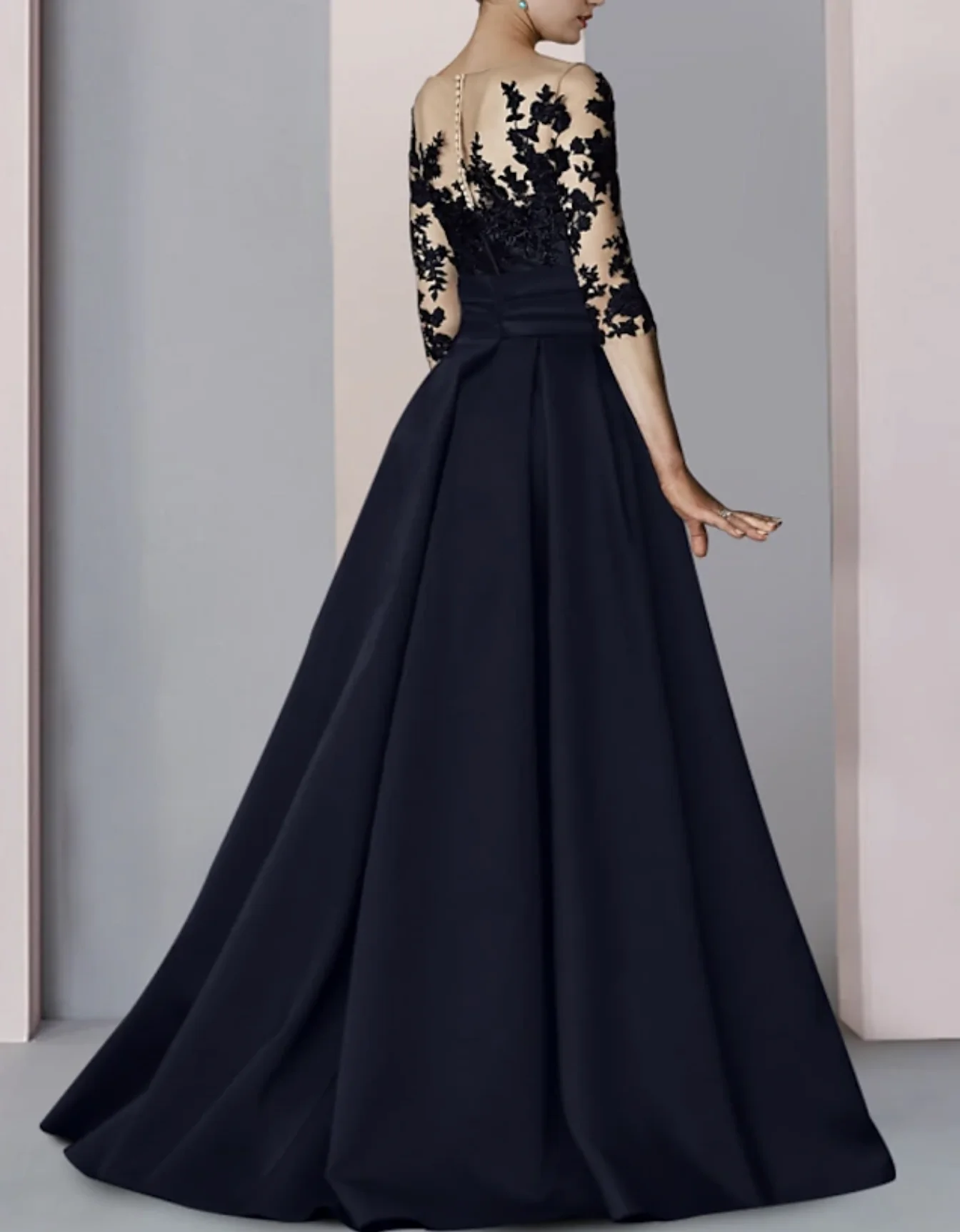 A-Line Evening Gown Split Dress Formal Fall Sweep / Brush Train Half Sleeve Illusion Neck Satin with Lace Applique 2024