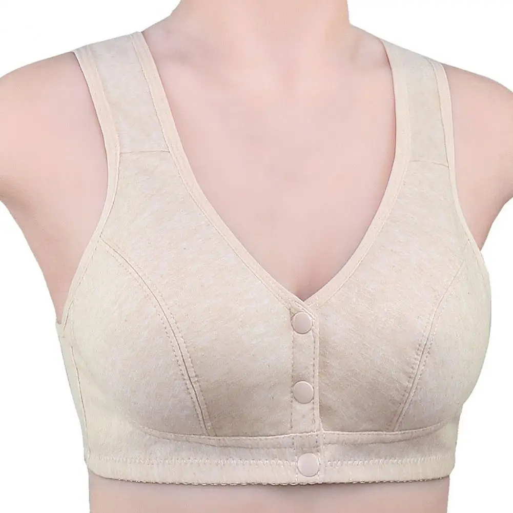 Comfortable Soft Bras Cotton Front-Close Bralette Wide Strap Buttons V Neck Padded Push Up Plus Size Middle Age Women Underwear