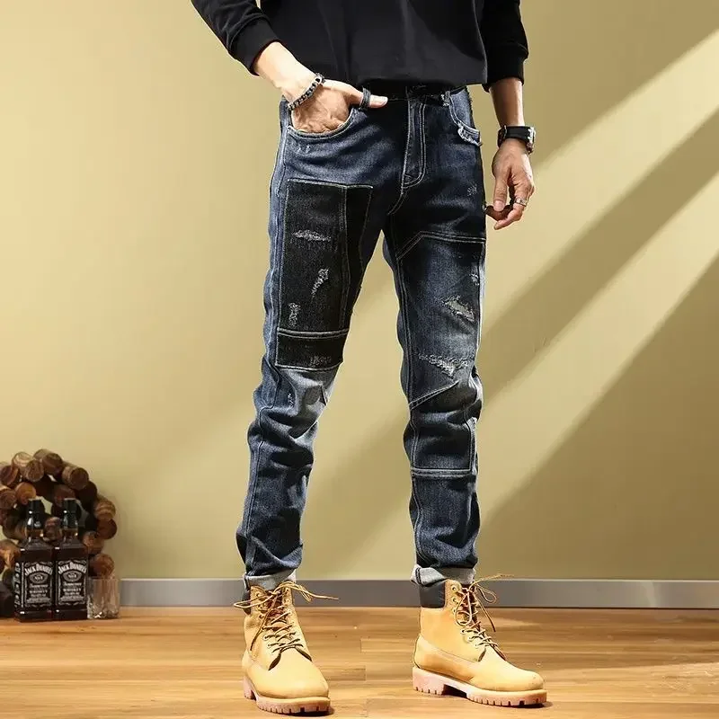 Broken with Holes Torn Man Cowboy Pants Cargo Graphic Trousers Jeans for Men Ripped Autumn Clothing Retro Stacked Cotton Casual