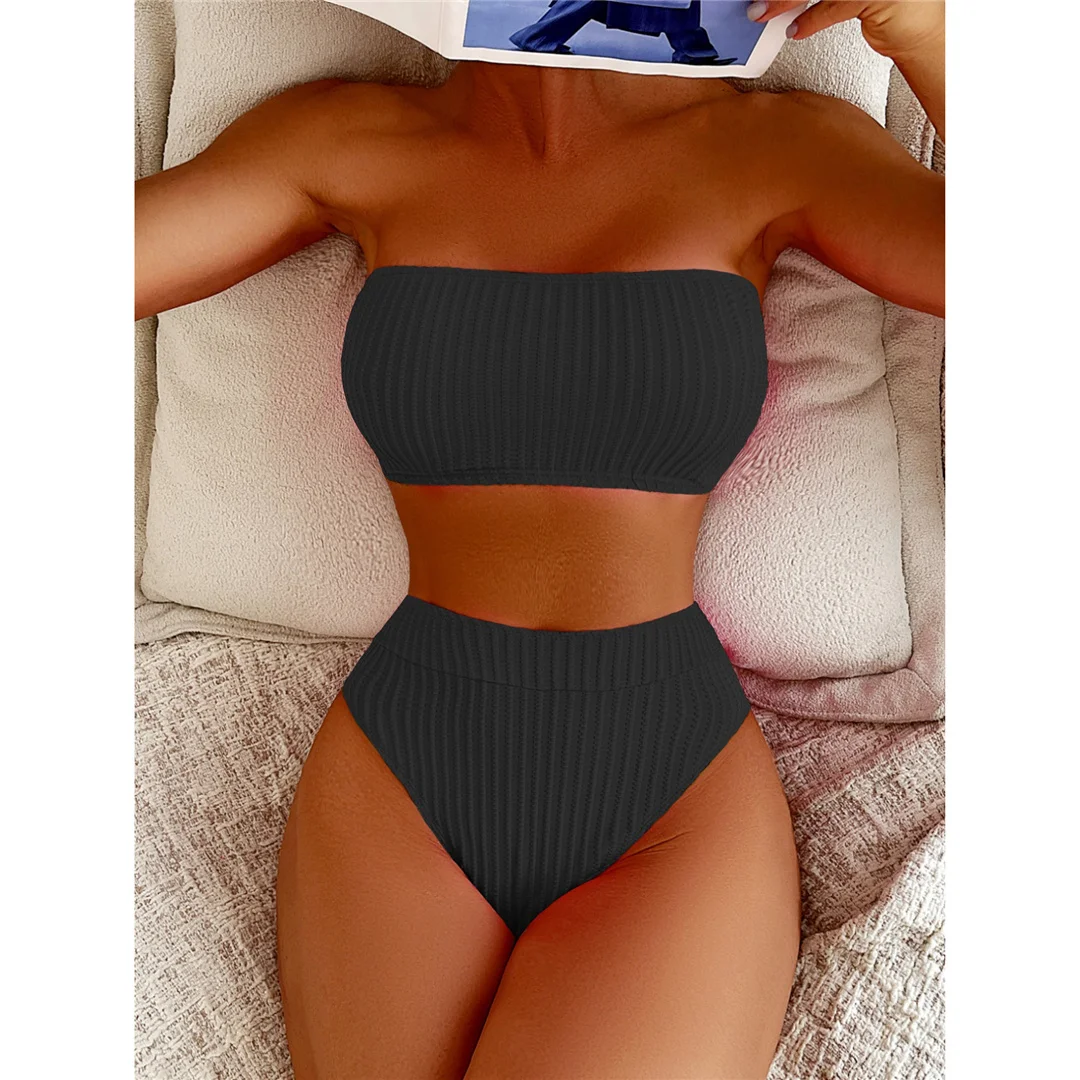 S - XL Bandeau-Bikini mit Falten, Damen-Badeanzug, Bikini mit hoher Taille, zweiteiliges Bikini-Set, Badebekleidung, Badeanzug, Modell V5904. – Detail 30