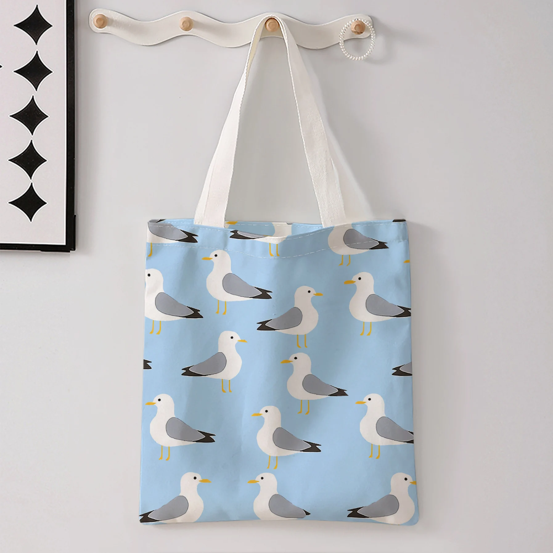 Light Blue Background Seagull All Over Print Tote Bag Large Shoulder Handbag For Shopping Daily Commute