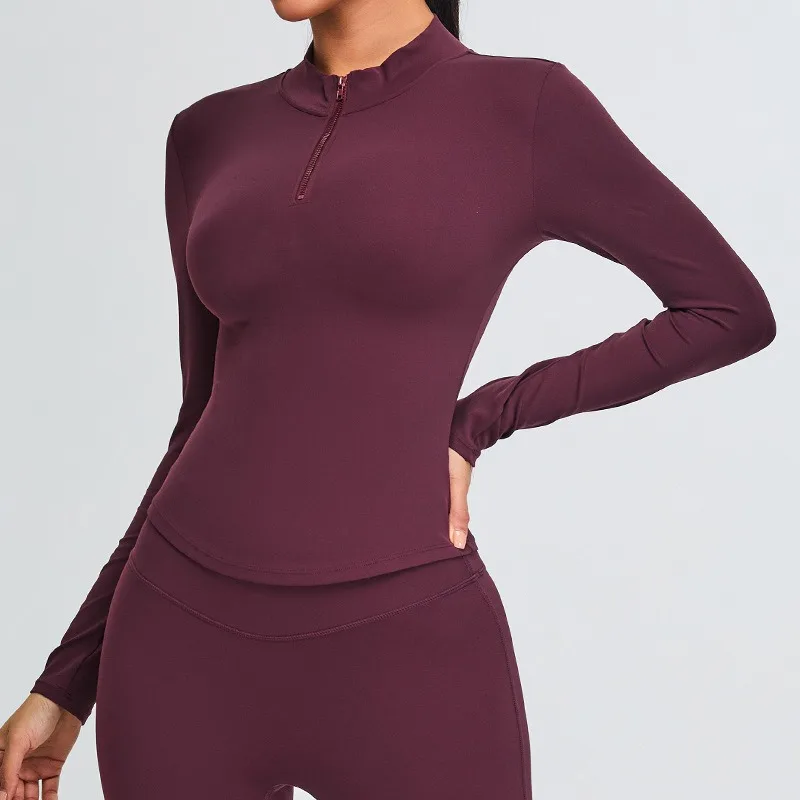 Autumn Winter Stand-up Collar Long-sleeved Yoga Clothing Women Zipper Slim Training Sports T-shirt Breathable Elastic Clothes