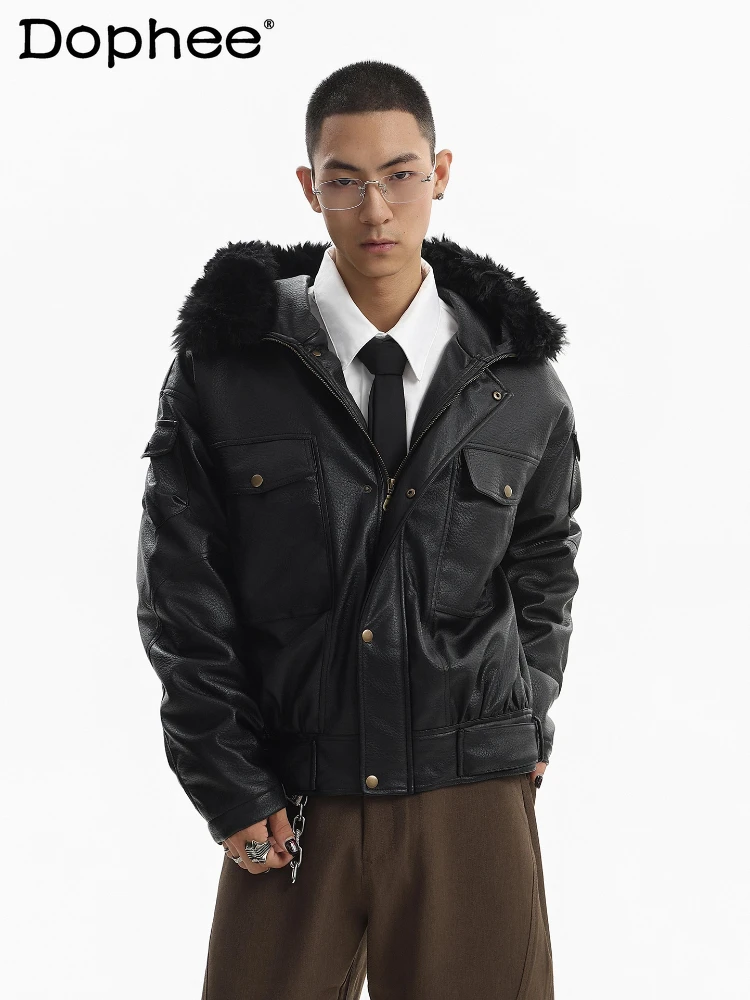 

Men's Multi-Pocket Design PU Leather Parkas Men's 2025 Winter New High-End Parkas Male Long Sleeve Handsome Faux Leather Coats