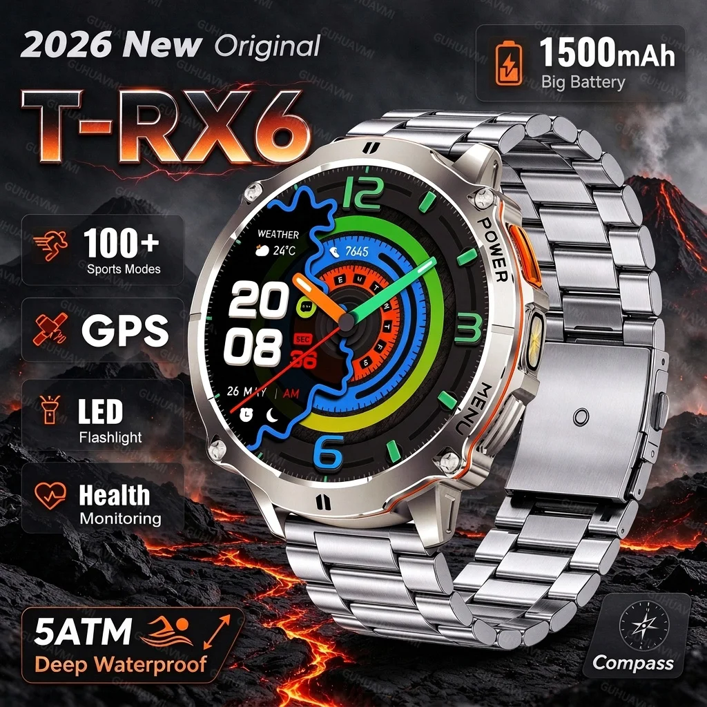 2026 Hot T-RX6 Sales Outdoor Built-in GPS Durable Sports Smart Watch 1500mAh Battery 5ATM Waterproof 1.7