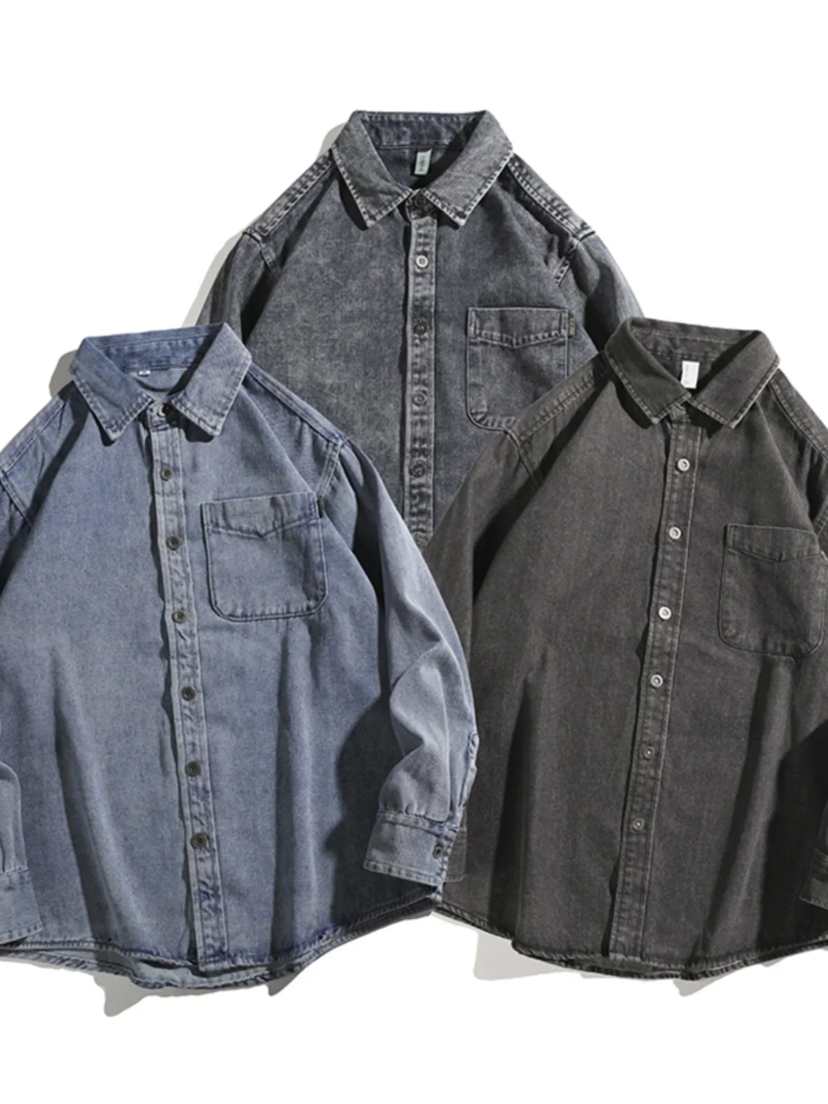 قميص دينم ثقيل مغسول للرجال، قميص أمريكي عتيق بأكمام طويلة، سترة عصرية فضفاضة للربيع والخريف