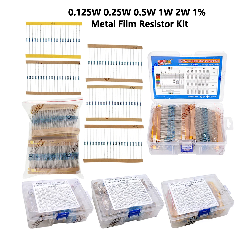 

Набор металлопленочных резисторов 1/4W, 1/8W, 1/2W, 1W, 2W, 130 номиналов (0.125W, 0.25W, 0.5W), 1% допуск, в коробке, 130 номиналов