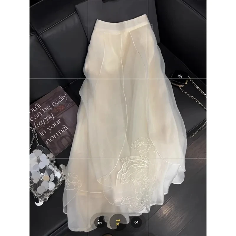 

New Chinese Heavy Industry Embroidered Skirt for Women's White 2024 New Sweet Umbrella Mesh Skirts