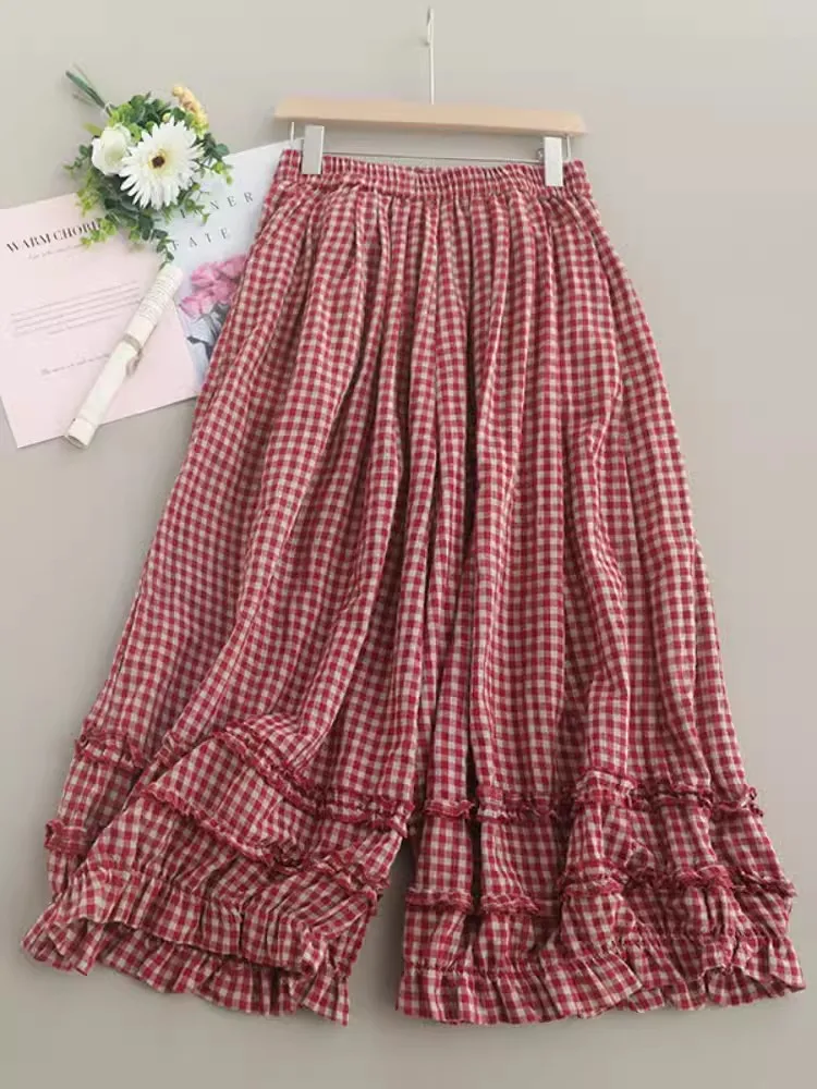 

Literary Plaid Women Cotton Wide Leg Pants 2024 New Autumn Designer Ruffles Casual Loose Lantern Pants Elastic Waist Bloomers