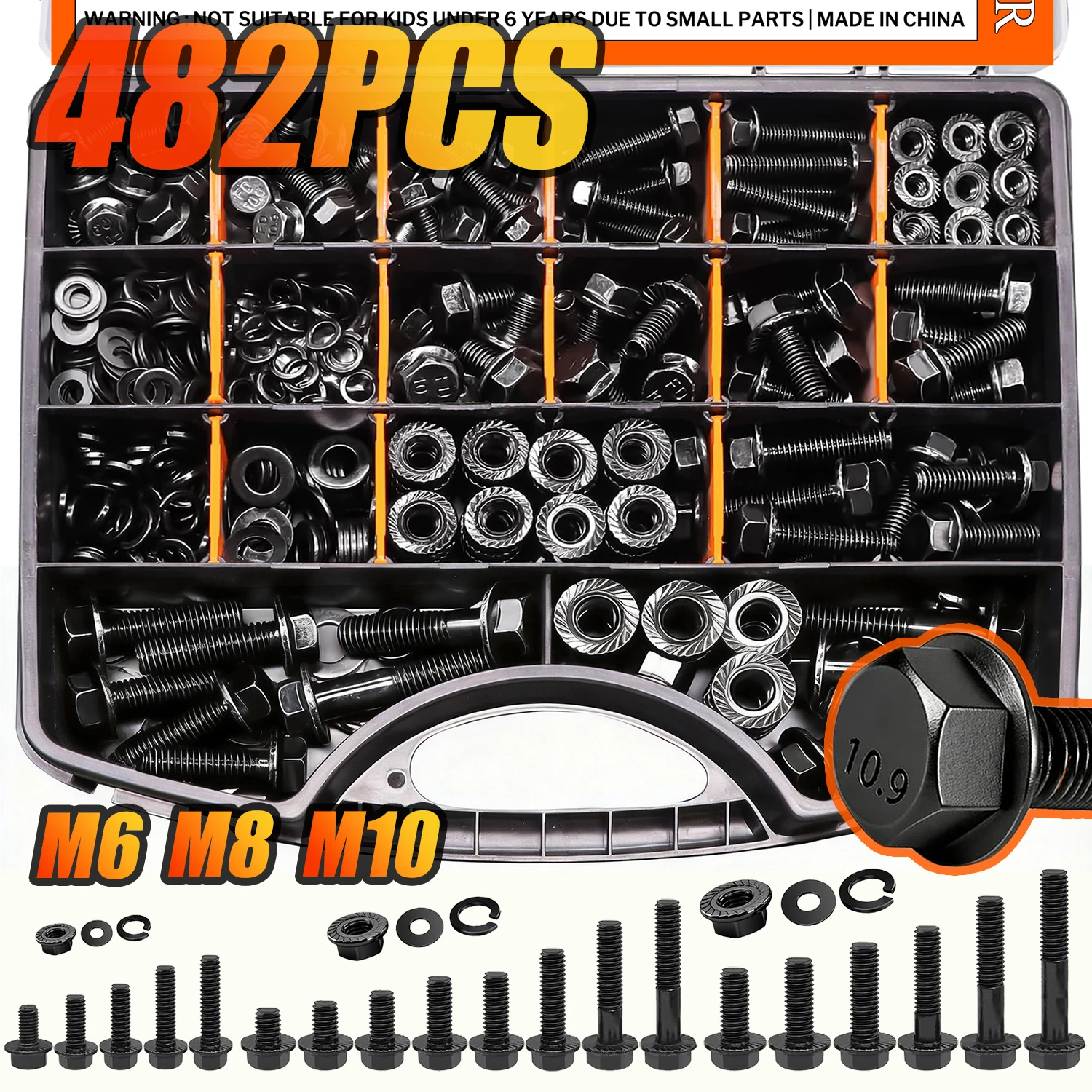 482Pcs 10.9 Grade Black Hex Bolt Nut Washer Assortment Kit M6 M8 M10 12-50mm Full Thread w/Box Heavy Duty Fastener for Auto DIY