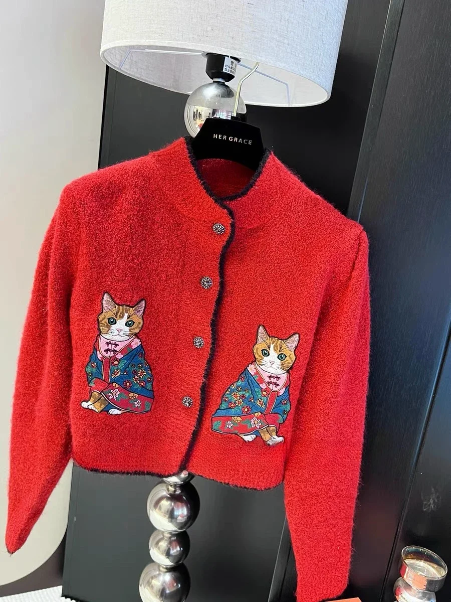 2025 Spirng Autumn Red Cat Embroidery Wool Knitted Cardigan Sweater Women's Clothing Vintage Long Sleeve Knitwear Crop Tops Y2K