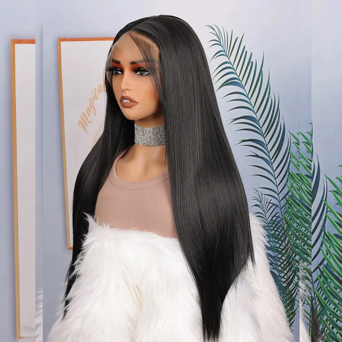 Nuovo prepizzicato nero morbido senza colla 180 densità diritto serico parrucca anteriore in pizzo sintetico capelli del bambino 26 "lungo resistente al calore quotidiano