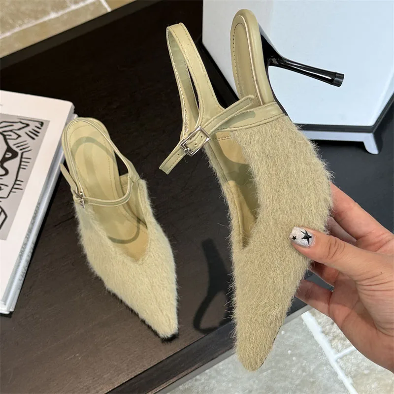 2024 neue Marke Frauen Sandale Schuhe Mode Pelzigen Damen Elegante Slingback Schuhe Thin High Heel Spitz Kleid Pumpen Neue Frau