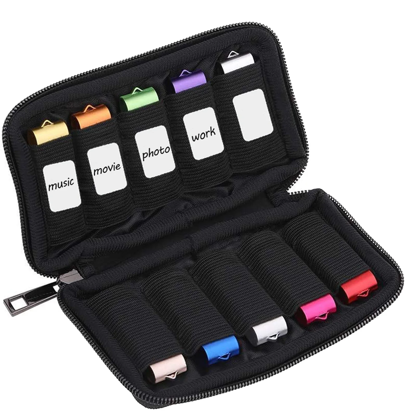 Borsa portaoggetti portatile per unità flash USB e scudi a U, custodia protettiva nera di grande capacità per unità flash USB.