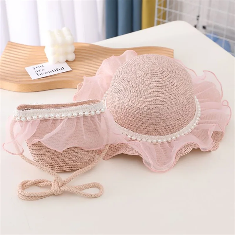 1 Piece for Children Fashion Cute Lace Pearl Embellished Princess Crossbody Bag and A Summer Sun Sunscreen Fisherman Hat