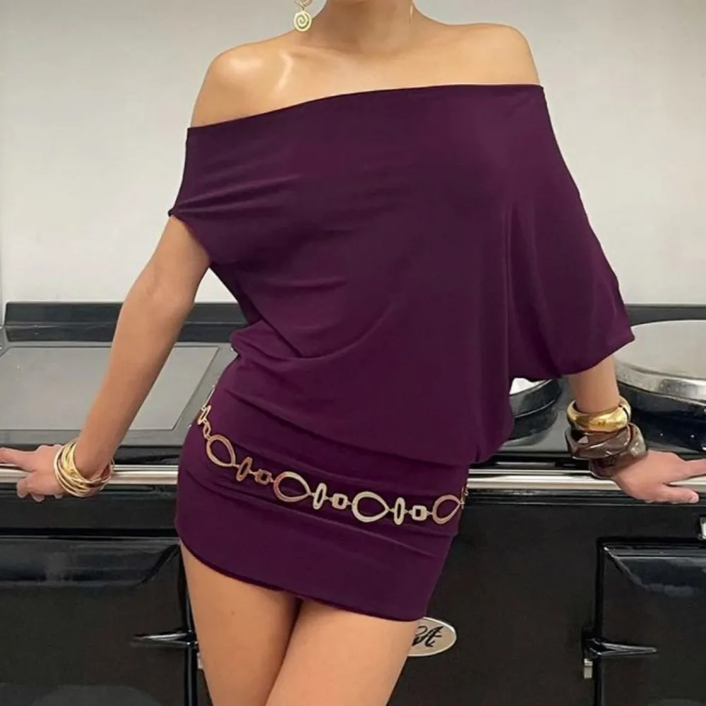 

Loose Sexy Short Dress Summer Solid Color Fashionable Elegant Slim Off-shoulder Bat-sleeve Asymmetrical Low-waist Hip Mini Dress