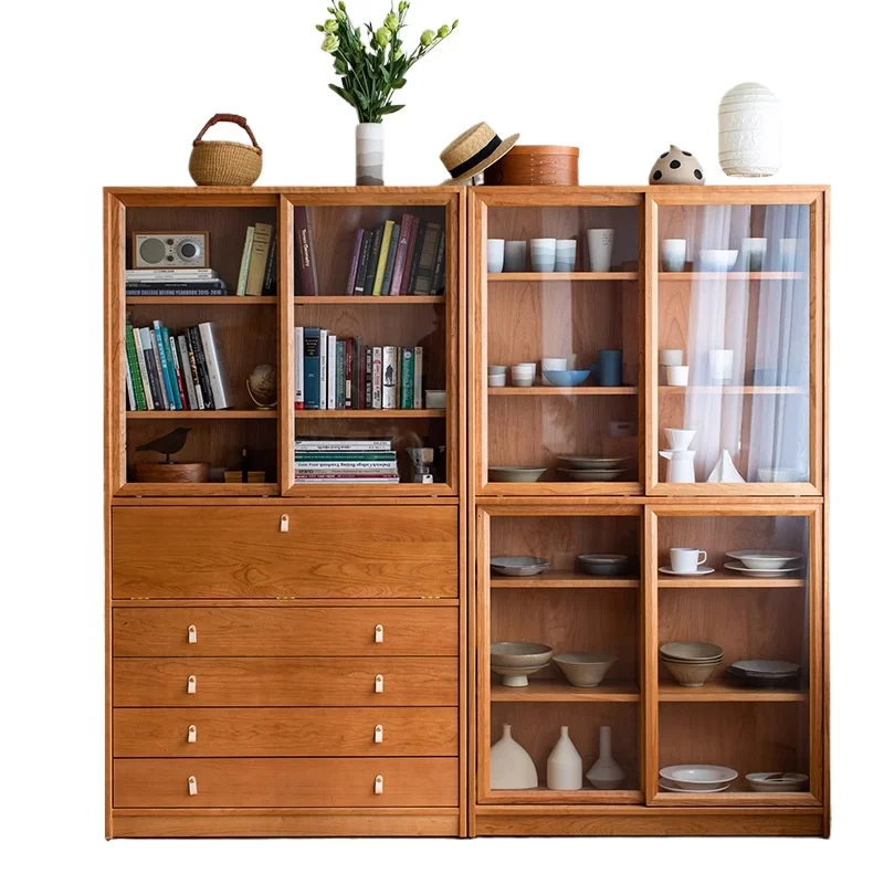 

Bookcase Solid wood medieval style sliding door Side cabinet Display cabinet Storage