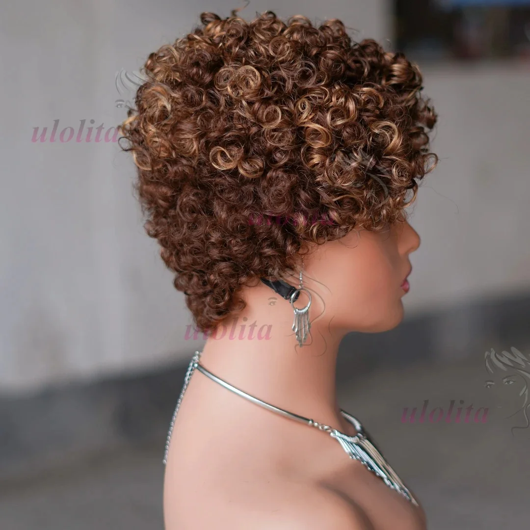 6 Zoll kurze lockige Perücken mit Pony, 4/30 Highlight Piano-Farbe für schwarze Frauen, Echthaar Pixie Cut, federnde lockige Echthaarperücken – Detail 9