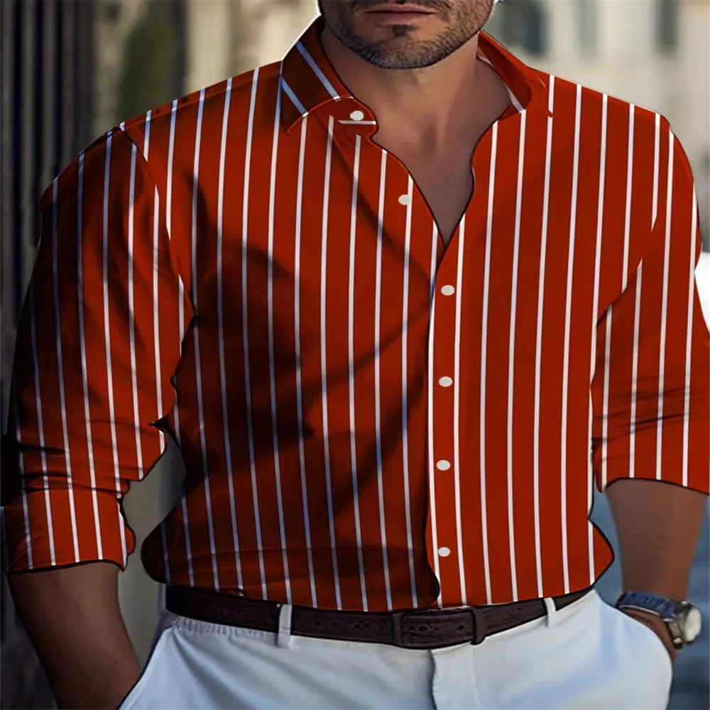 Men Vertical Striped Long Sleeve Shirt Blue White Color Block Turn‑down Collar Button‑Up Shirts For Men Business Casual Office D