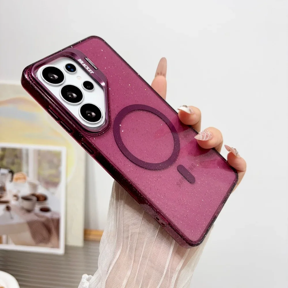 Glitter Bling Magnetic Bracket Phone Case for Samsung Galaxy S26 S25 S24 Ultra S26Ultra S25 S24 For MagSafe Lens Holder Cover