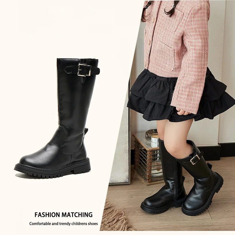 Children Knee Length Boots New 2025 Autumn Buckle Girls Princess Boots Kids Zipper Comfortable Non Slip Solid Color Long Boots