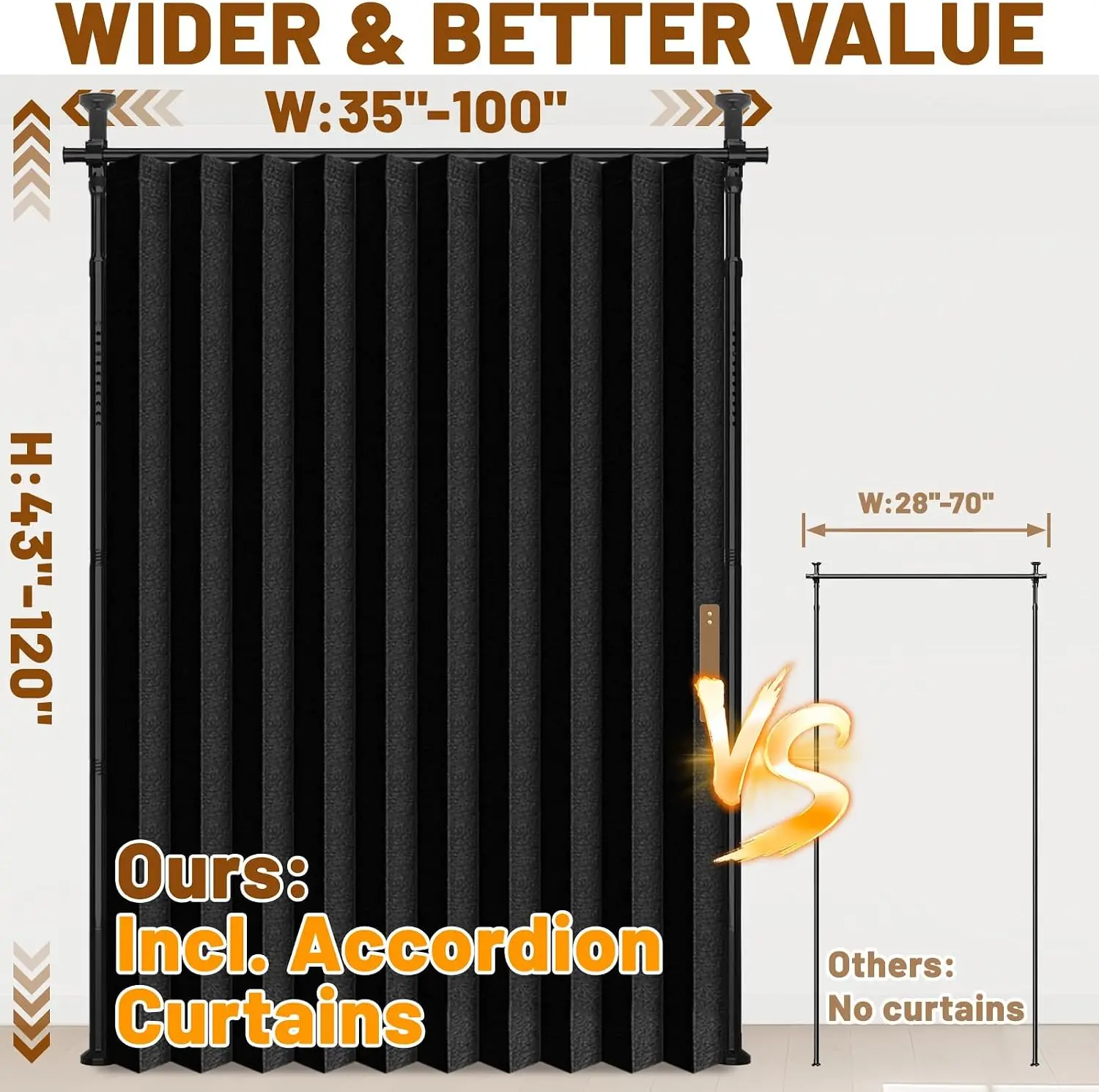 Room Divider Curtain (Black, W100 x L84 in, 1 Panel)+ Tension Curtain Rod No Drilling (H) 43-120×(W) 35-100 in, for Privacy/Soun