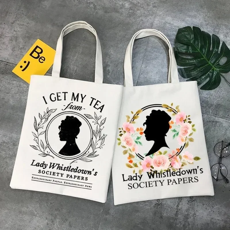 Lady Whistledown Bridgerton Print Tote Bag Spill The Tea Gift Bag Set Casual Canvas Shoulder Bag with Mini Storage Bag