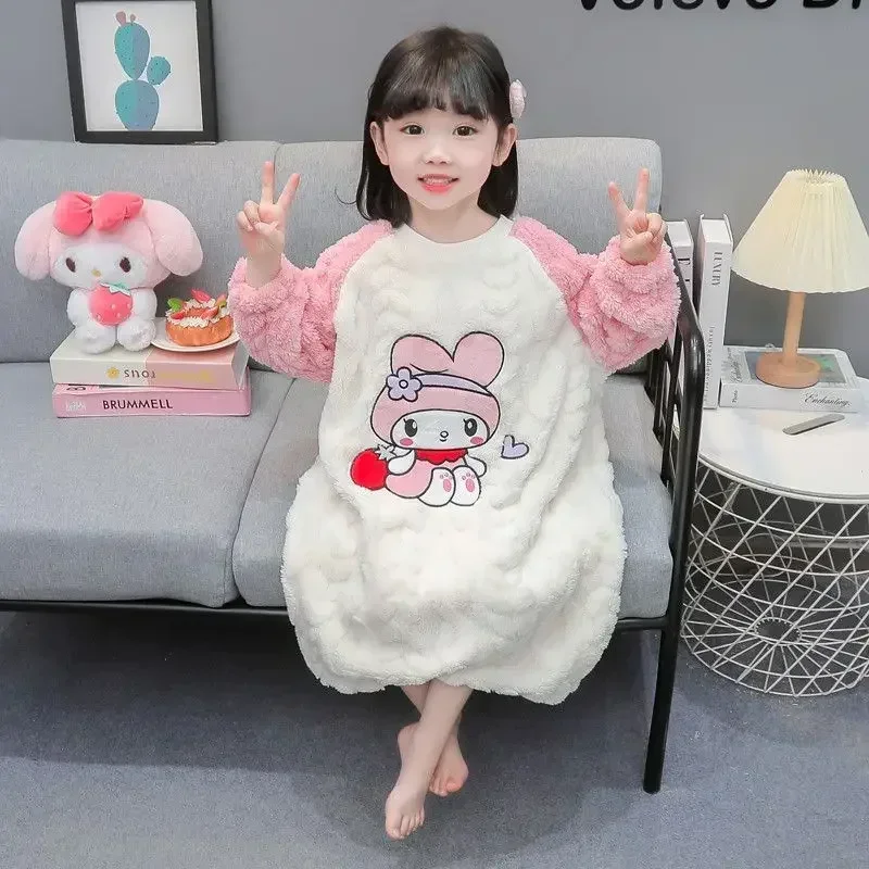 

My Melody Sanrio Ins Kawaii Fashion Warm Nightdress Autumn Winter Kuromi Cute Coral Velvet Pajamas Clothing Gifts for Kids