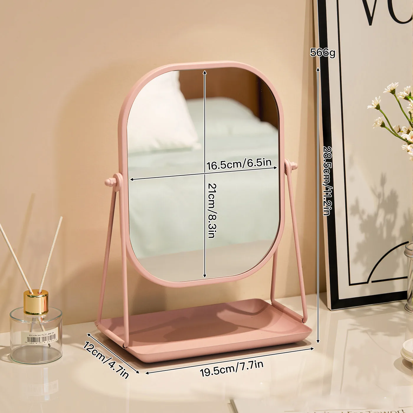 Miroir de maquillage rotatif, bureau de style luxueux léger avec châssis, peut stocker un grand miro