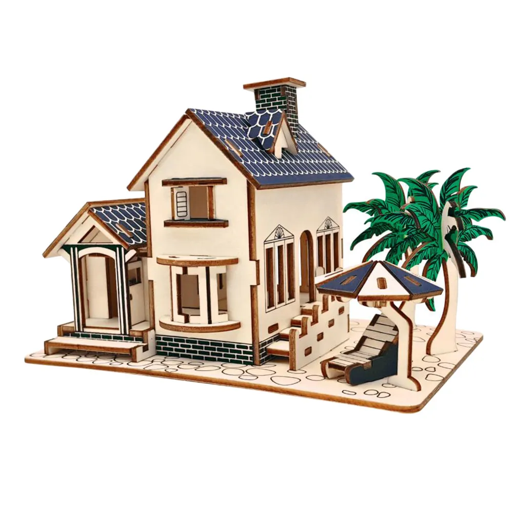 Beach House Shape 3D Wooden Puzzle Creative DIY Educational Puzzle for Kids Room Decoration Cognitive Development Gift