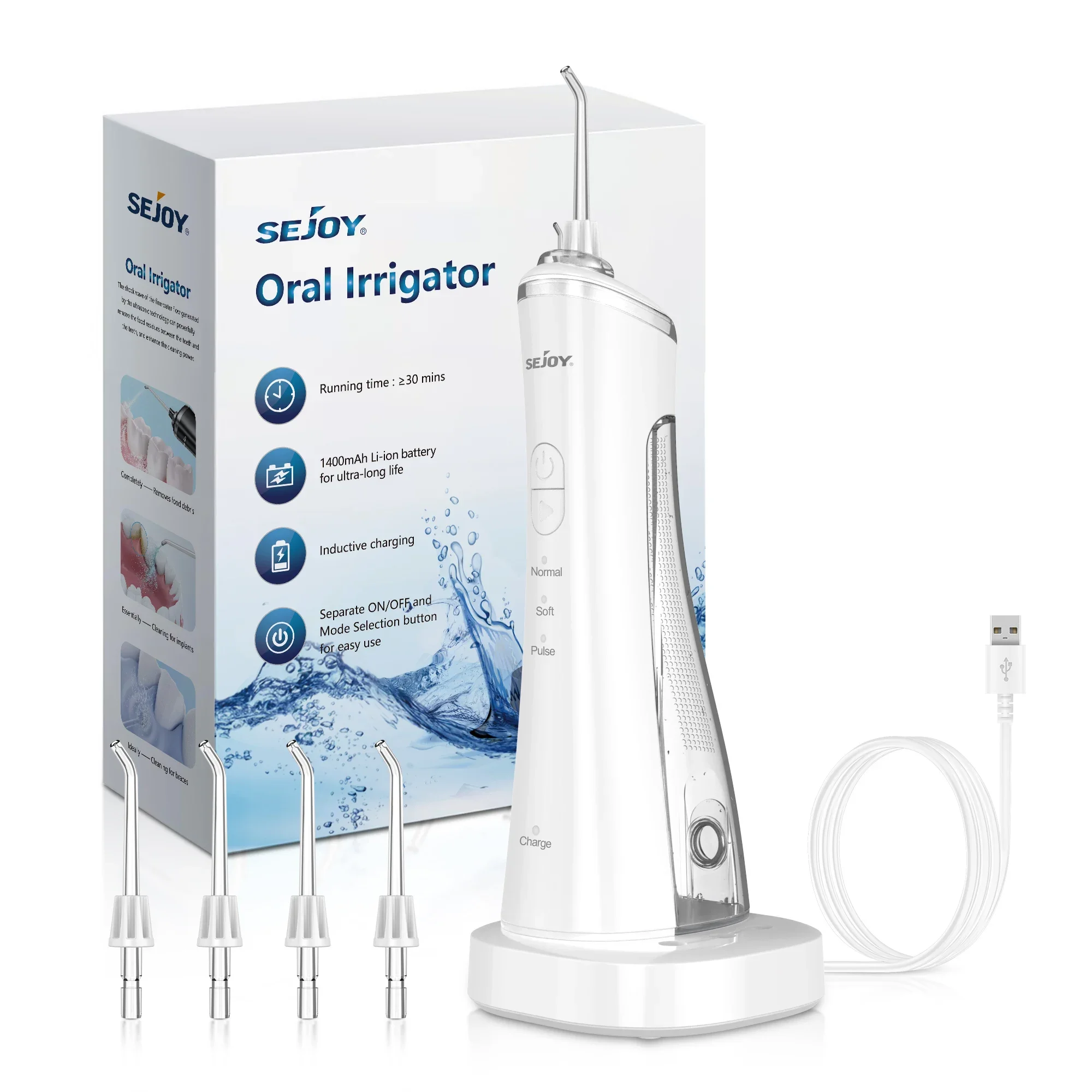 

Sejoy Oral Irrigator 3 Modes Portable Dental Water Flosser USB Wireless Rechargeable Water Jet Floss Tooth Pick 3 Jet Tip 170ml