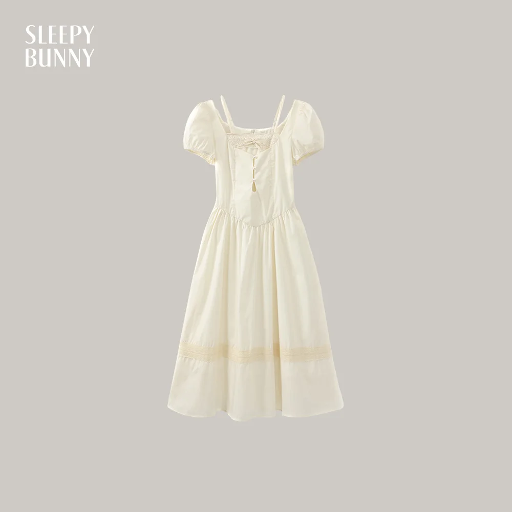 

Elegant Patchwork Summer Dress Women High Waist Slim Long Sundress Puff Sleeve Square Neck Fake Two Piece Vintage Style Outfit