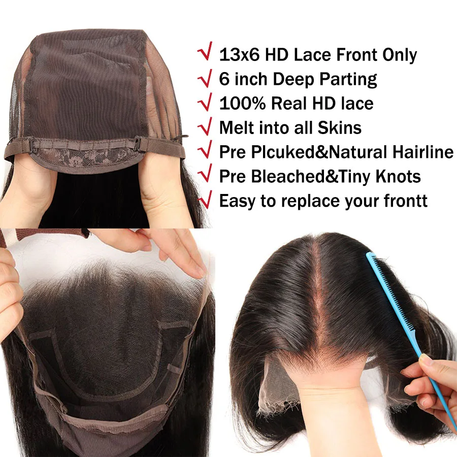 13x6 HD berretto anteriore in pizzo per parrucche di capelli umani capelli Remy capelli lisci HD trasparente HD anteriore in pizzo per la sostituzione del merletto Pre pizzicato
