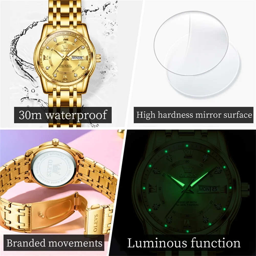 OLEVS Fashion Business Women Watch Luxury Quartz Diamond Dial Stainless Steel Date Waterproof Elegant Ladies Watch Reloj Mujer