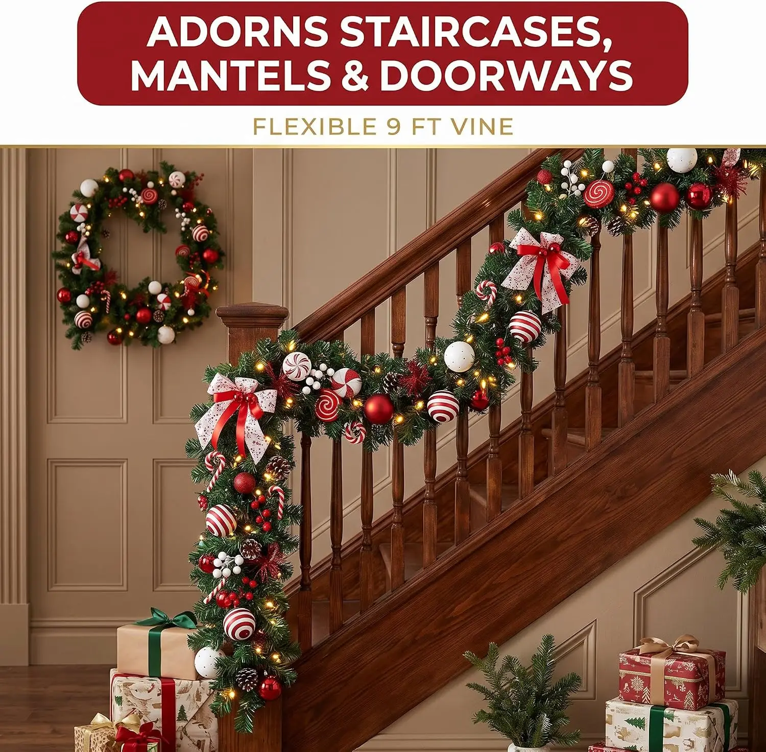 Garvee 6/9ft Christmas Garland Wreath Artificial Pine with Pinecones and Berries Xmas Tree Hanging Ornaments for Home Outdoor Yard Party Door Fireplace Stair Decoration