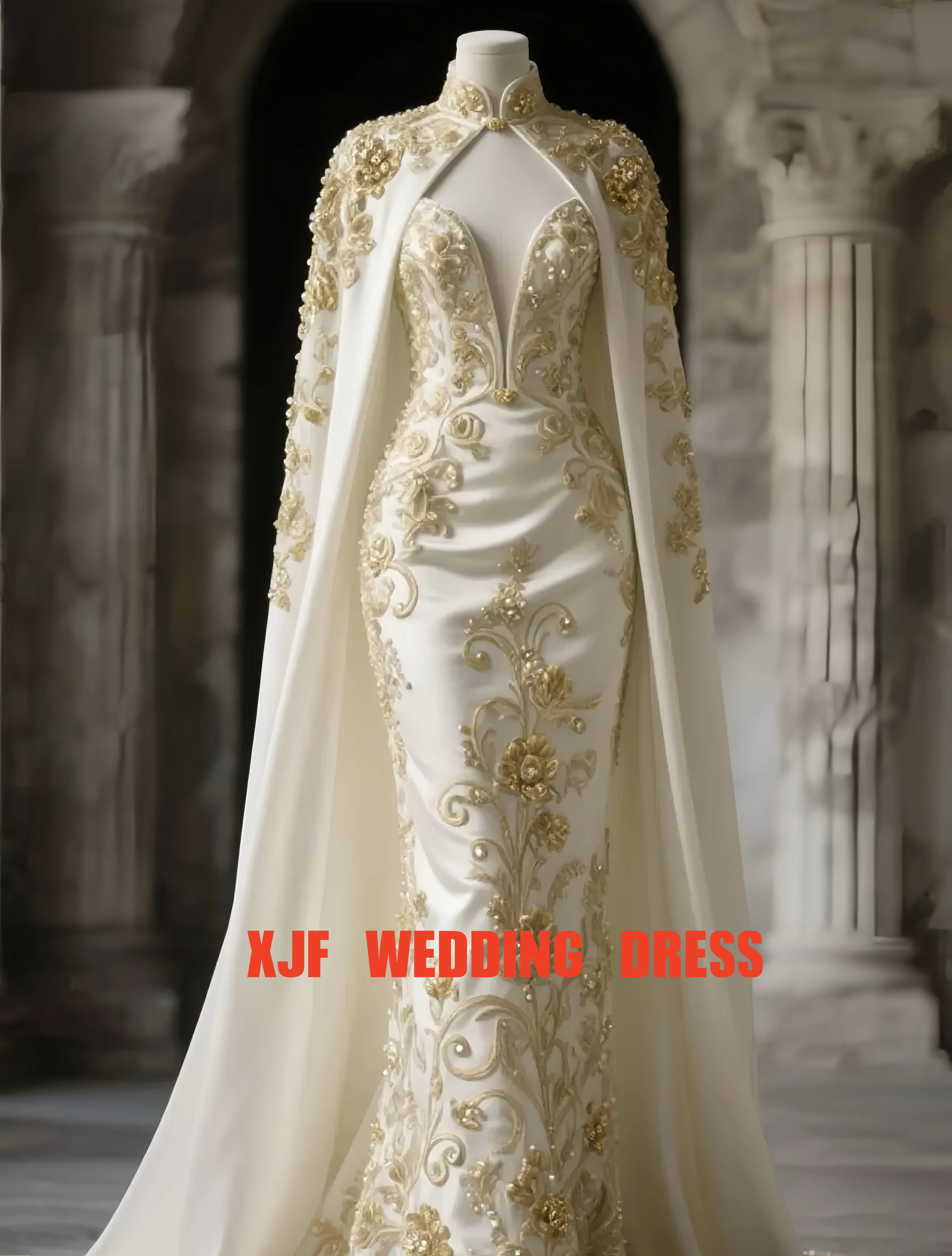 ชุดแต่งงานทรงเมอร์เมดแบบคอวี แขนกุด พร้อมผ้าคลุมไหล่  แบบสั่งตัดได้