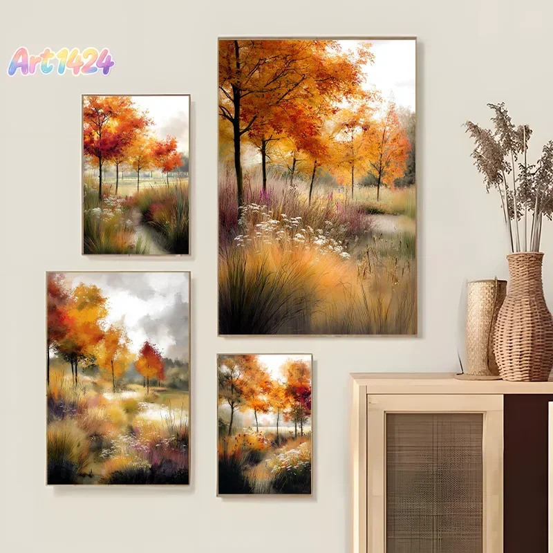 Vibrant Autumn Forest Landscape Canvas Poster Wall Art Rich Colors Cozy Fall Vibe for Home Decor