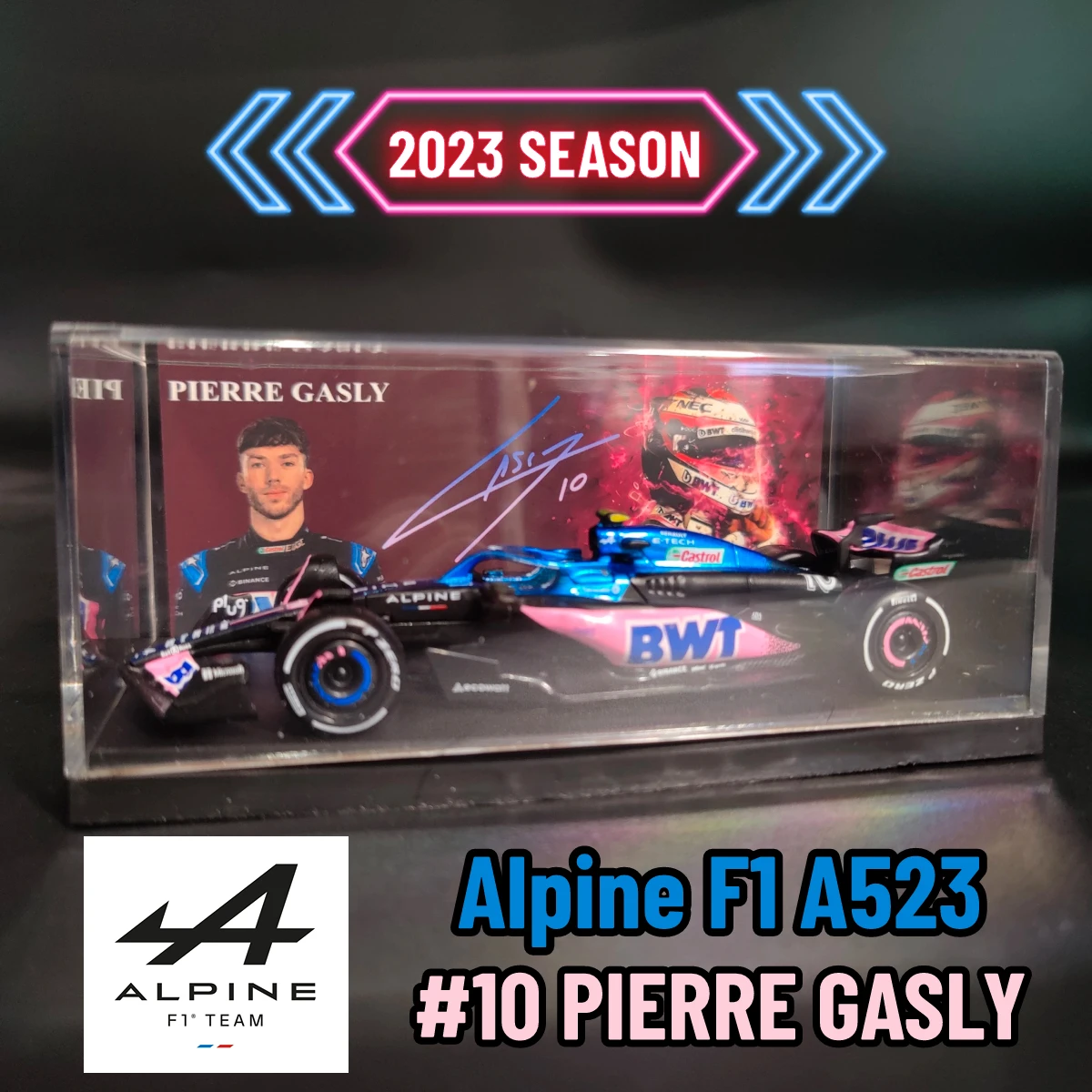 Bburago 1:43 F1 2023 Alpine A523 Car Model with Ocon Gasly  Signature Showcase Formula 1 Toy Miniature Replica Xmas Gift