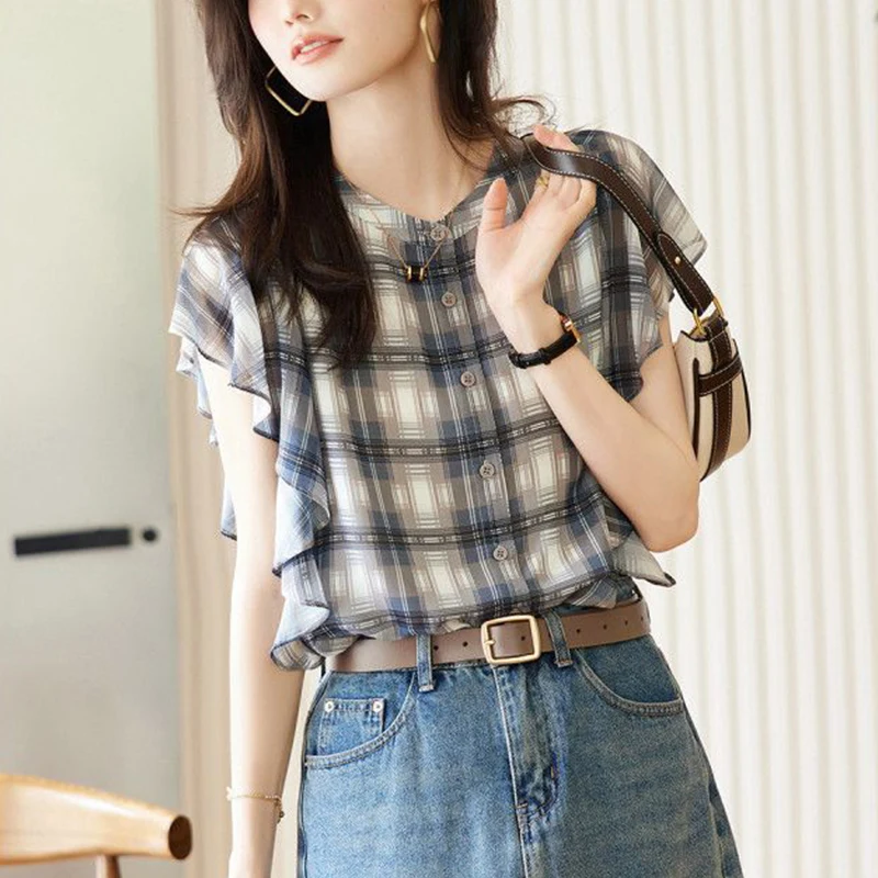 Summer Casual Fashion Ruffles Short Sleeve Plaid Printing Shirt Ladies Loose All-match Cardigan Top Women Elegant Vintage Blouse