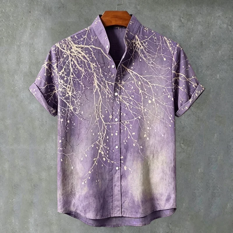 Men Stand Collar Shirt Casual Branch Floral Print Short Sleeve Button Down Summer Beach Tops Button‑Up Holiday Tunics