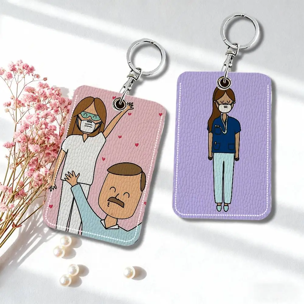 TENS Nurse PU Soft Leather Rectangular Keychain Card Holder, Badge Student ID Bus Elevator Card Protector, Fashion Accessory