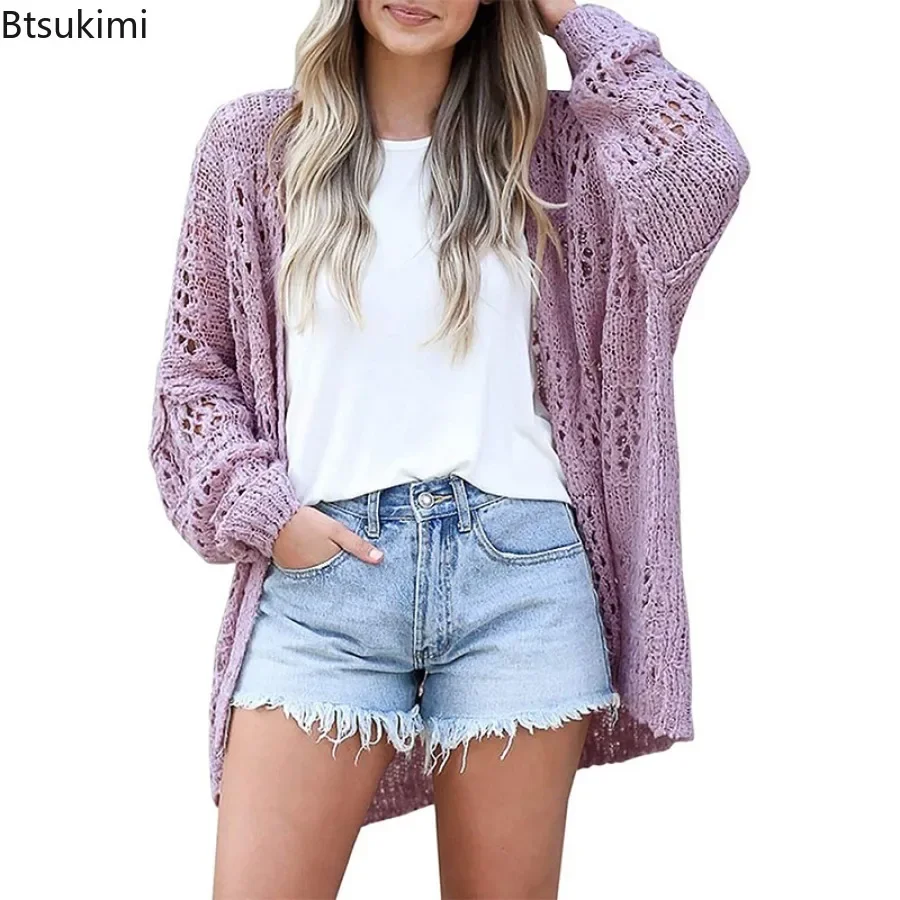 2024 Women\'s Kniited Cardigan Jacket Open Stitch Hollow Out Ladies\' Long Sleeve Cardigan Sweater Autumn Winter Outwear Clothes