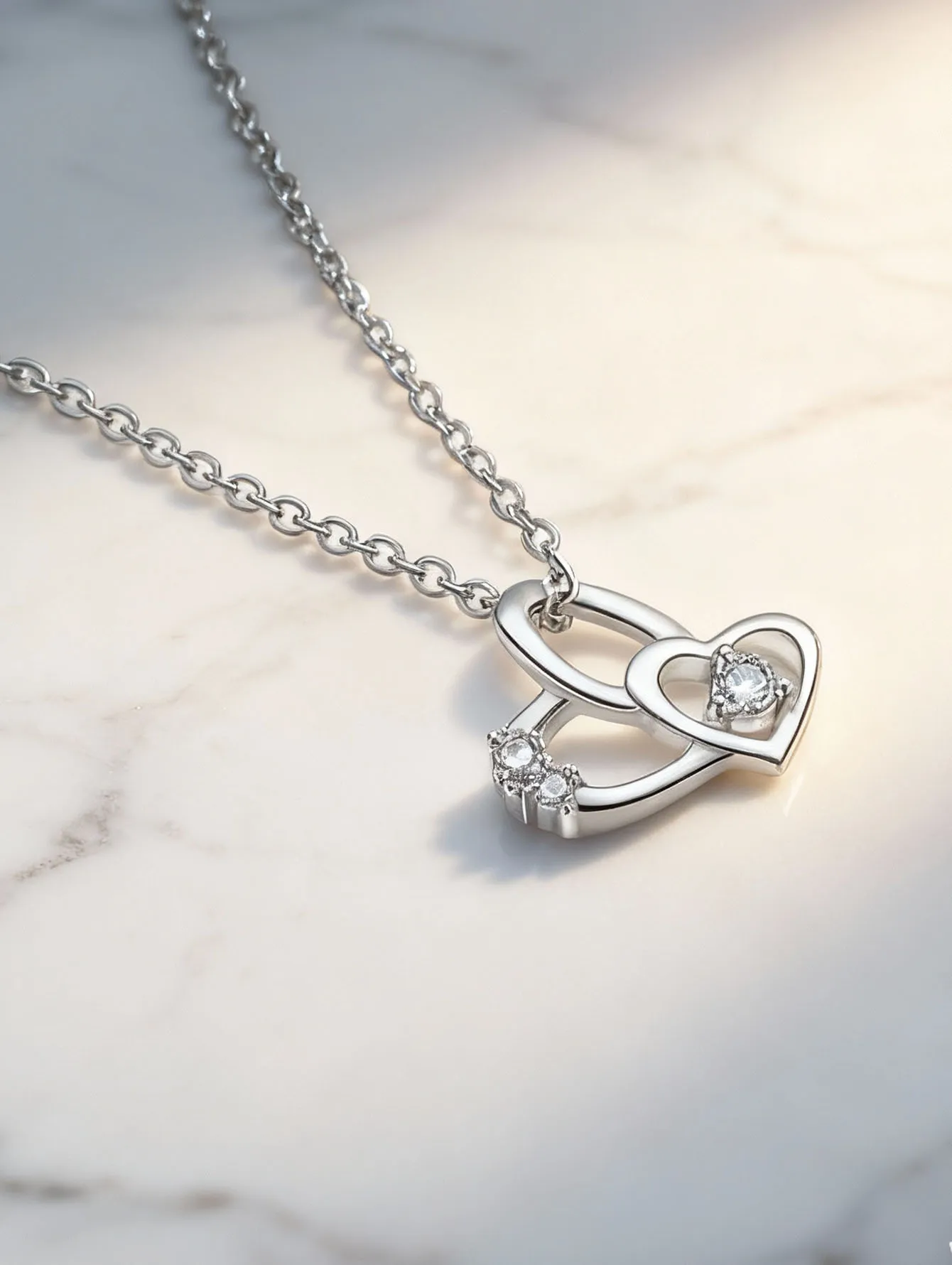 

925 Sterling Silver Double Heart Pendant Necklace - Zircon Inlaid Romantic Jewelry For Women Valentine's Day Gift