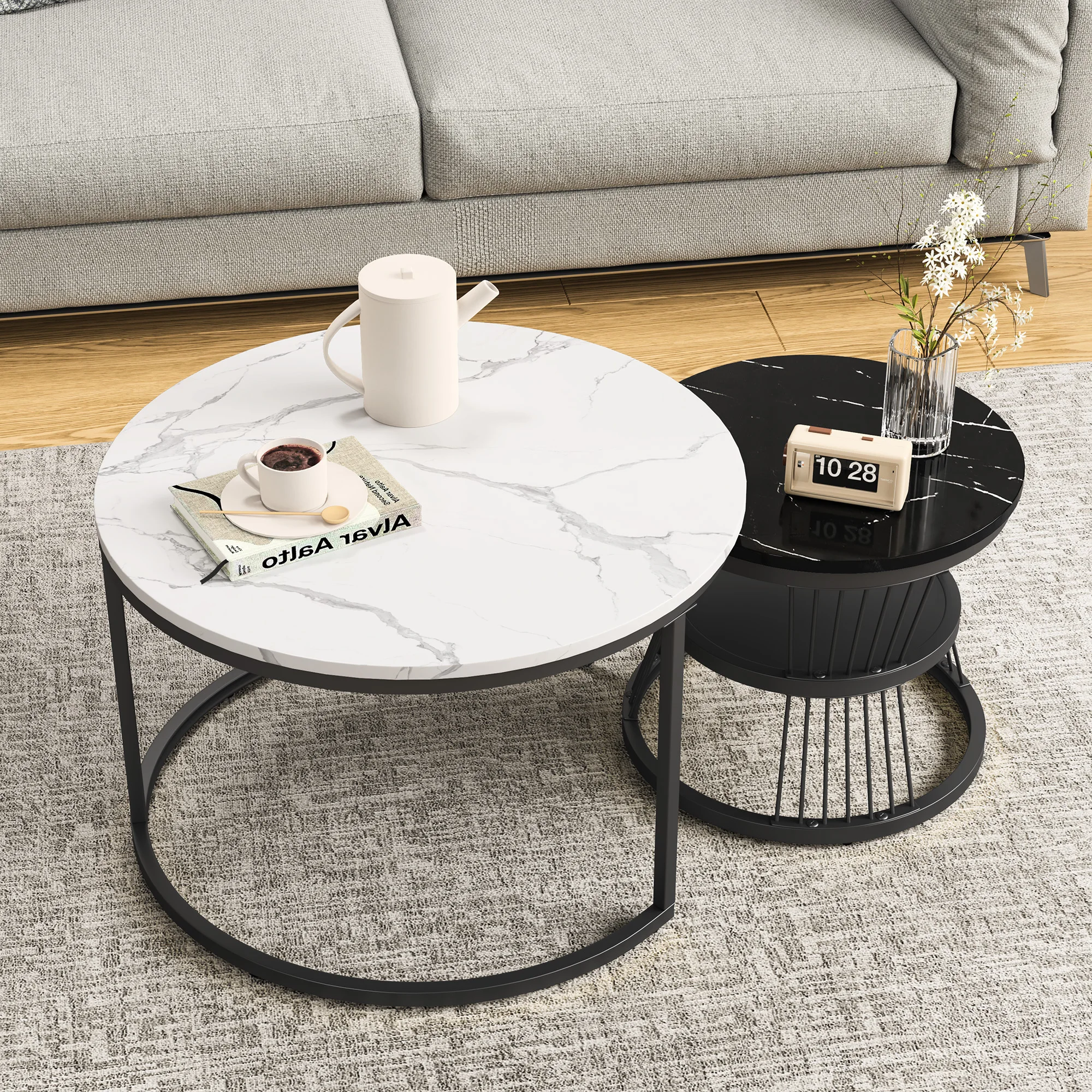 Round Coffee Table, Set of 2 Modern Coffee Table with Faux Marble Top, Black Metal Frame Black&White Nesting Table for Living R