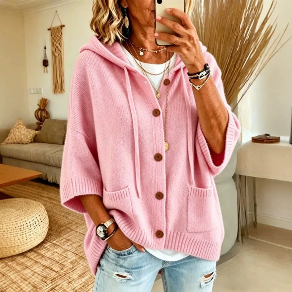 Women's Loose Hooded Knitted Cardigan Sweater Casual Pockets Drawstring Outerwear Autumn Winter Solid Warm Button Sweaters